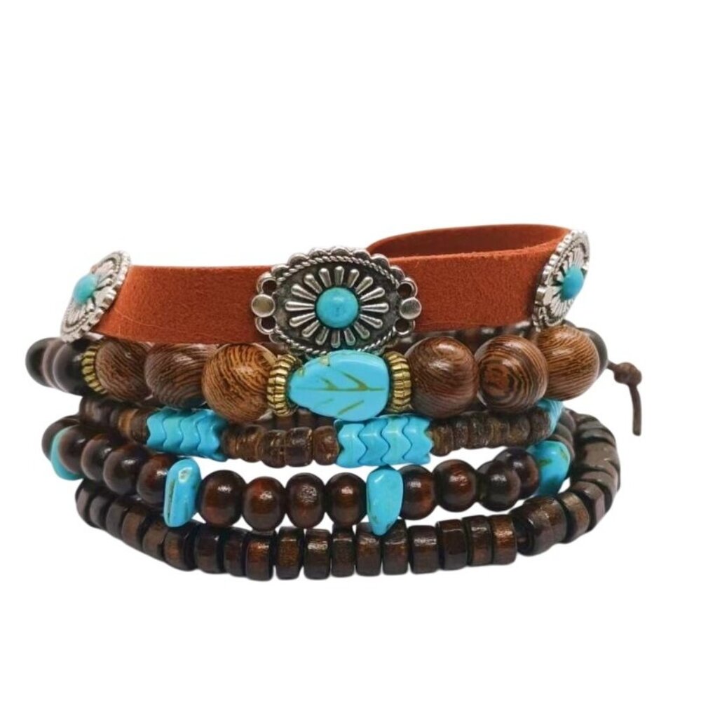 Western Style Blue Turquoise Leather Wrap Silver Tone Bracelet Southwest Boho